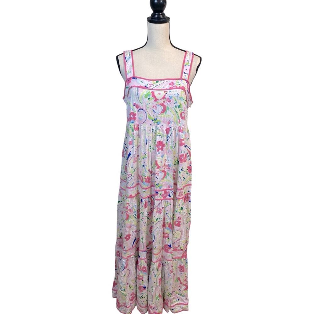 Crown & Ivy Pink Multi Pastel Breezy Summer Tiered Maxi Dress Size 12